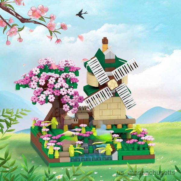 Blocks City House Building Blocss Sakura Windmill Diamond B Toys for Girls Boys Fishman Hut Street View Modèle Blocs Blocs Gift R230817