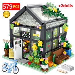Blokkeert City Street View Creative Coffee Shop House Flower Building Block Architecture Stenen met LED Light Sets Toys For Girls 230331