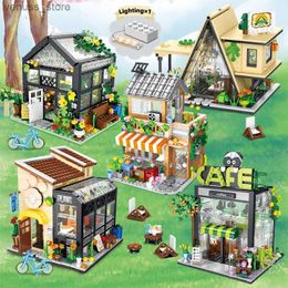 Bloques City Street View LED Creative Coffee Shop House Flower Shop Building Block Arquitectura Light Ladrillos Conjuntos Juguetes para niños Regalos para niñas R231208