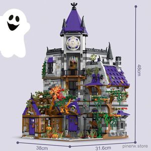 Blokkeert City Street View Modular Halloween Mystery Mansion Witchs House met Led Light Architecture Building Block Set speelgoed voor kinderen
