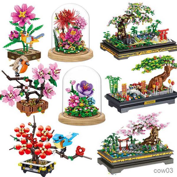 Bloques Bloques de construcción creativos Flor de melocotón Pájaro Maceta Modelo Mini Bloques de construcción Conjunto educativo para niños Juguete de regalo R230718