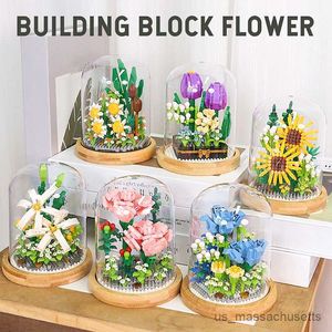 Blocos de plantas de flores imortais criativos bloco de construção em vaso decoração para casa DIY 3D simulação montagem de rosa tijolo presentes para meninas novo R230817