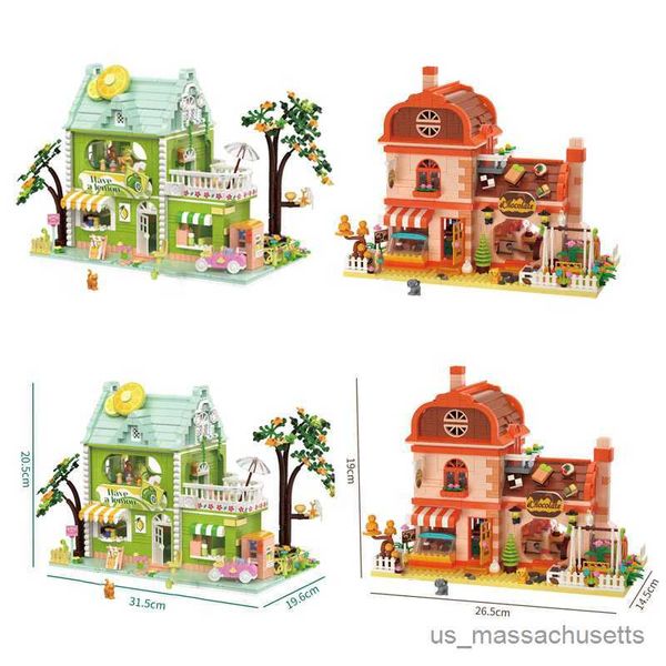 Blocs Creative Lime Tea Shop Chocolate Atelier Modèle de construction City Street View Food Store Mini B avec figures Toys Cadeaux R230817