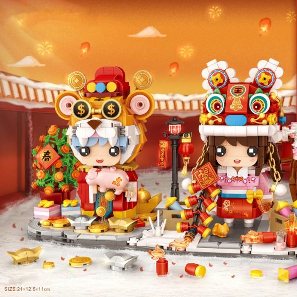 Bloqueos Creative Mini Block Tradición Año Nuevo Chino Figuras de niño y niña Tiger Lion Dance Building Big Big Head Toys Colección