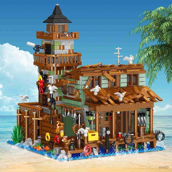Bloques Creativo Mini Ciudad Pesca Pueblo Tienda Cabaña Bloque de construcción Idea Junto al mar Casa de vacaciones Decoración Ladrillos Juguetes de Navidad Regalos para niños R230720