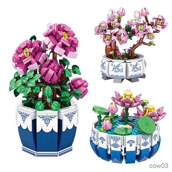 Blocs Creative En Pot Blocs De Construction Fleur DIY Rose Lotus Bonsaï Plante Bouquet Décoration De La Maison Enfants Adulte Jouets Éducatifs Cadeau R230718