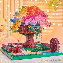 Blokkeert Creative Rainbow Sakura Tree House Bouwstenen Staten Street View With Light Model Micro Assemble B Toys Kids volwassen geschenken R230817