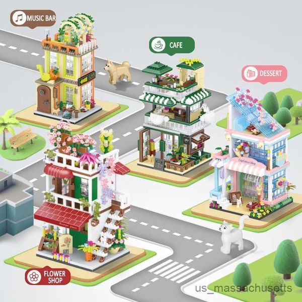 Blocs Creative Street View Dessert Shop Music Restaurant Coffee House House House Building Blocing Micro Brick Particles Toys for Gifts R230814