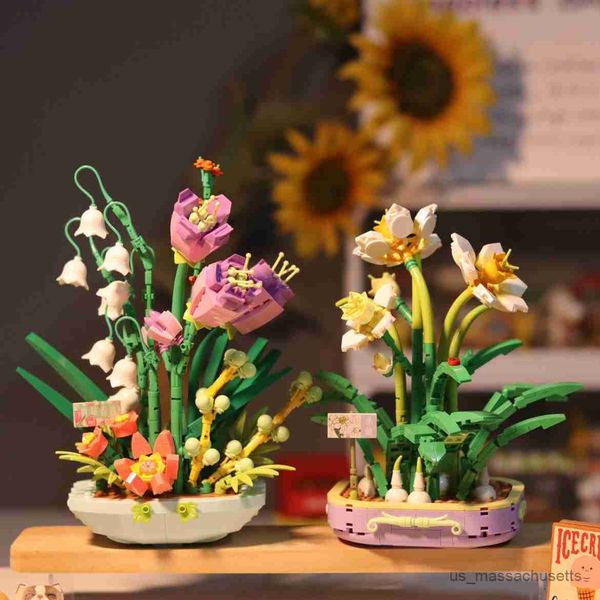 Blocks Creative Tulip Busthings Blocs Plants Plants Bonsai Blocs Toys for Girls Gift Mini B Flower Kids Toys Desktop Decoration R230817