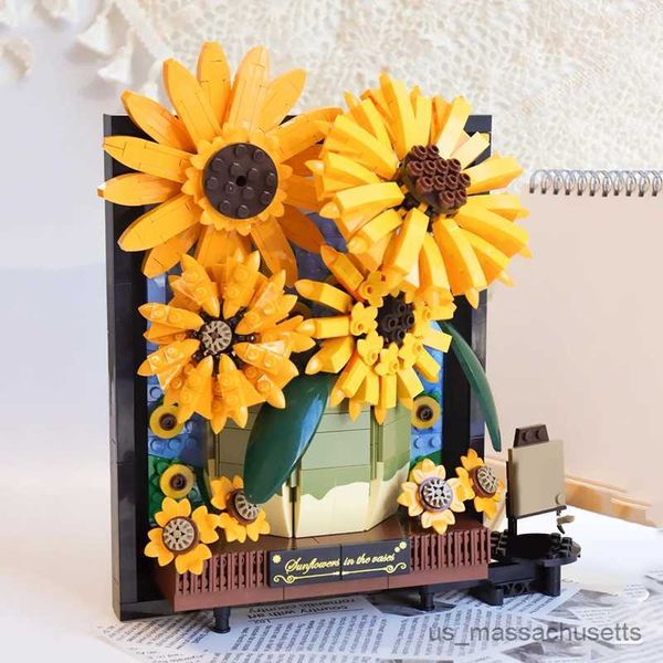 Bloques Creativo Van Gogh Girasol Ramo en maceta Modelo 3D Bloques de construcción Flor del sol Marco de fotos Decoración del hogar Ladrillo Juguete Chica Regalo R230817