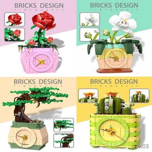 Blokken DIY Bonsai Plant Bloem Bouwsteen Simulatie Klok Module Rose Orchid Cactus Ingemaakte Model Assembleren Bakstenen Kinderspeelgoed R230718