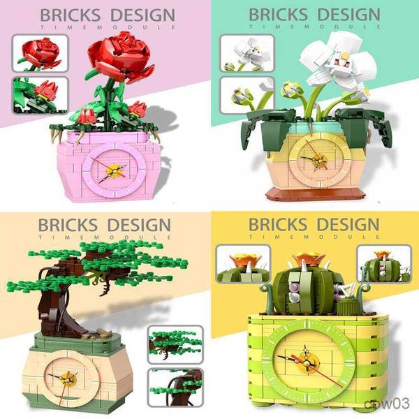 Bloques DIY Bonsai Planta Flor Bloque de construcción Simulación Reloj Módulo Rosa Orquídea Cactus Maceta Modelo Montaje Ladrillos Juguetes para niños R230718