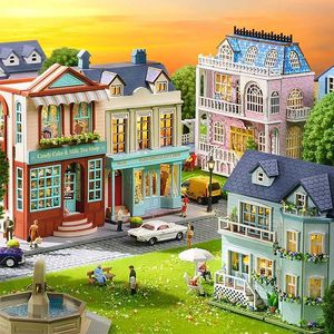 Blokkeert diy mini houten poppenhuis met meubels licht casa assemblagemodel roze prinses villa kunst set speelgoed verjaardag H240523