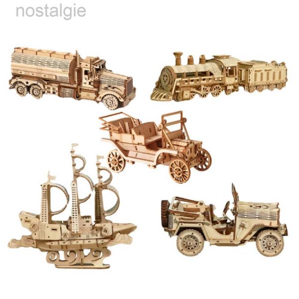 Bloques DIY Tren de madera Locomotora Rompecabezas Juguetes 3D Niños Montaje mecánico Educativo Niños Barco Coches Camiones Modelo Niños Regalo 240401