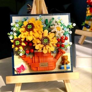 Blocs Blocs de fleurs Bouquet de construction avec chevalet décoration de la maison modèle 3D Bouquet de tournesol Rose brique jouet plante en pot bricolage en pot cadeau R231208