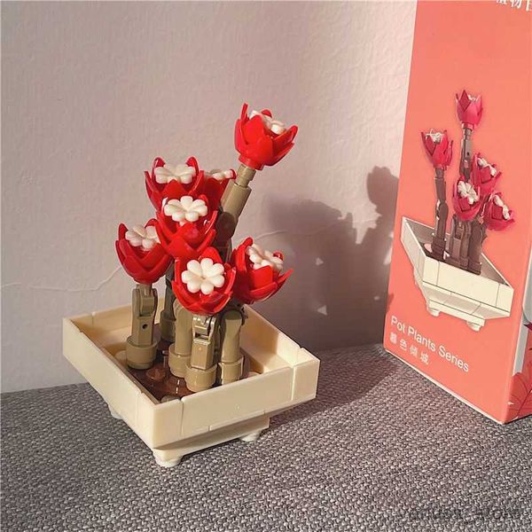 Bloques de construcción en maceta de suculentas de flores, juguetes de montaje de ramo de flores romántico para niñas y mujeres, regalo de cumpleaños R230701