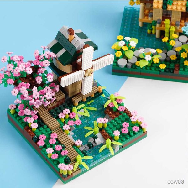 Bloques Four Season Micro Bricks Street View Sakura Windmill Building Blocks Fisherman's Cottage Tree Ensamblar ladrillos Juguetes para niños Boy R230718