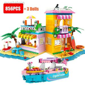 Blocs amis péniche chalet sur la plage maison modèle bord de mer parc vacances quai croisières ensemble de navires blocs de construction jouets pour filles 240401