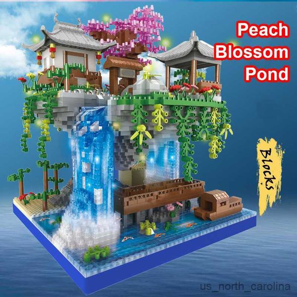 Blocs jardin Temple pavillon île cascade lumière LED blocs de diamant modèle jouet pour enfants jouets R230911