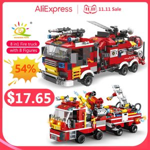 Blocks HUIQIBAO City Fire Fighting 8in1 Trucks Car Helicopter Boat Building Blocks Firefighter Figures Man Bricks Toys For Children T221101