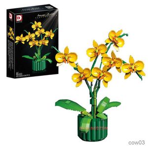 Blokken Ideeën Gele Orchidee Bloem Serie Bonsai Ingemaakte Bouwsteen Woondecoratie Romantische Assemblage Bakstenen Speelgoed voor Meisje Gift R230718