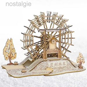 Blokken Lanzhou Waterrad Houten Puzzels 3D Gebouw Huis Model Chinese Architectuur DIY Monteren Jigsaw Speelgoed Voor Kinderen Kids 240401