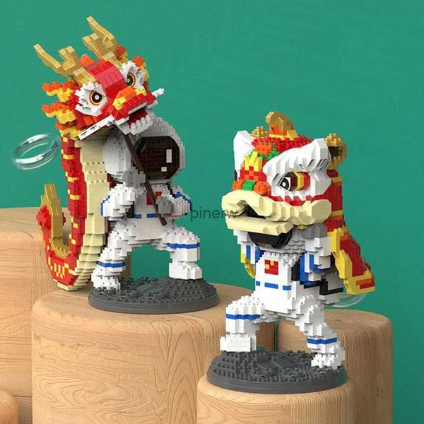 Blocs Lion danse astronaute Mini Micro bloc de construction Chines Culture Dragon danse Spaceman briques constructeur Figure jouets pour enfant cadeau