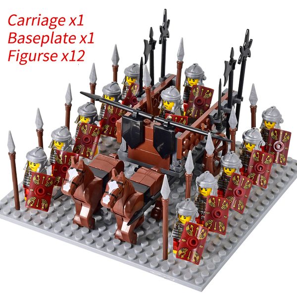 Bloqueos Caballeros medievales Mini Figuras de acción construyendo carro romano Soldado Guerra Guerra de caballos Juguetes para niños Regalo 230814