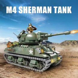 Bloques Militar M4 Sherman Tanque Medio Bloques de Construcción WW2 Ciudad Coche Blindado Ejército Soldados Arma Ladrillos Modelo Juguetes Para Niños Regalo MOC L230724