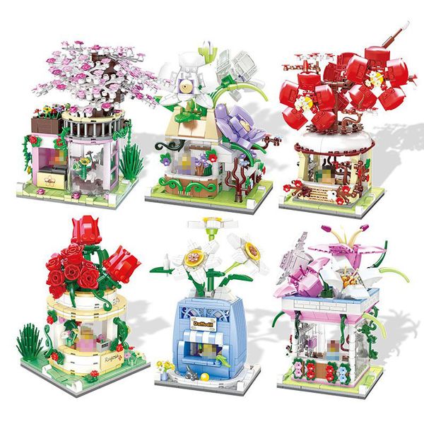 Blocs Mini Bâtiment Fleur Bricolage Ville Vue Sur La Rue Rose Fleur De Cerisier Boutique Modèle 3D Décoration Enfants Assemblé Jouet Fille Cadeau 220902