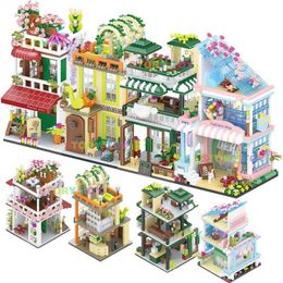Blocs Mini City Street View Caxe et Flower Shop Dessert House Building Bloum 4-in-1 Art Bar Toy Gifts H240523