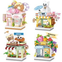 Blocks Mini City Street View Coffee Shop Dissert House Candy Building Building Bloum 4-in-1 Art Brick Toy Gifts H240521