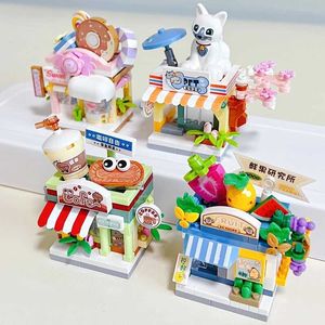 Blokken Mini City Street View Coffee Shop Dessert House Candy Building Block 4-in-1 Art Brick Toy Gifts H240522