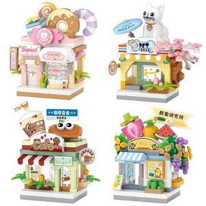 Blokken Mini City Street View Coffee Shop Dessert House Candy Building Block 4-in-1 Art Brick Toy Gifts H240521