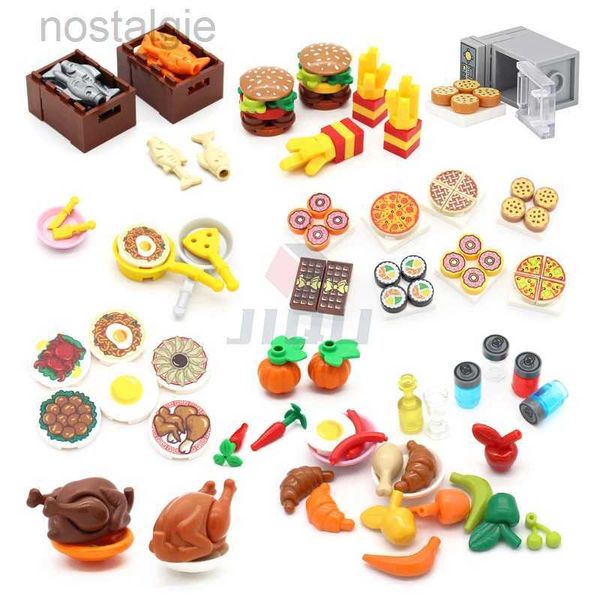 Bloques Mini Alimentos Accesorios de cocina Juguetes Bloques de construcción Piezas Hamburguesa Pizza Papas fritas Pastel Postre Galletas de chocolate MOC Ensamblar Ladrillo 240401