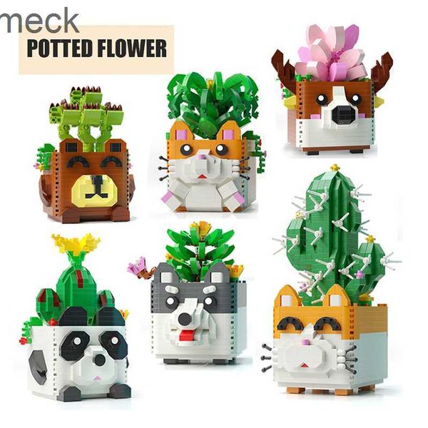 Bloques Mini Bloques De Construcción En Maceta Flor Panda De Dibujos Animados Erha Cactus Suculento Modelo Decoración DIY Juguete Educativo para Niños Regalo