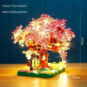Blokken Mini Sakura Tree Building Blocks Set Diy Cherry Blossom bakstenen met lichte boomhutmodel ornament romantisch cadeau voor vriendin R231020