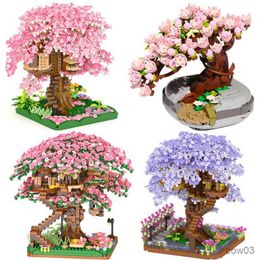 Blokken Mini Sakura Tree House Build Block City Street View Kersenbloesem Model Bouwstenen DIY Speelgoed voor Kinderen speelgoed VOOR GIFT R230718