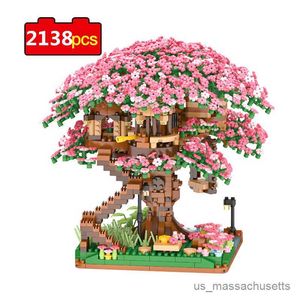 Blokken mini Sakura Tree House Build Block City Street View Cherry Blossom Model Bouwstenen Diy speelgoed voor kinderen speelgoed voor geschenk R230814