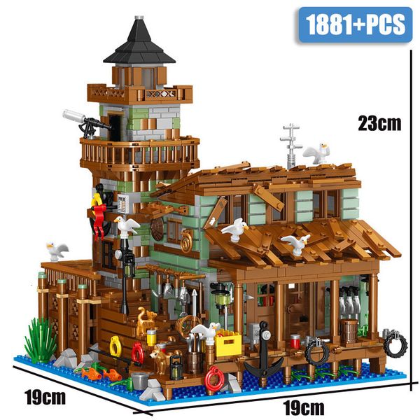 Bloques MOC City Old Fishing Store Wharf Fisherman Cabin Mini tamaño Building Blocks Idea Street View Casa de madera Ladrillos Juguetes para niños 230523