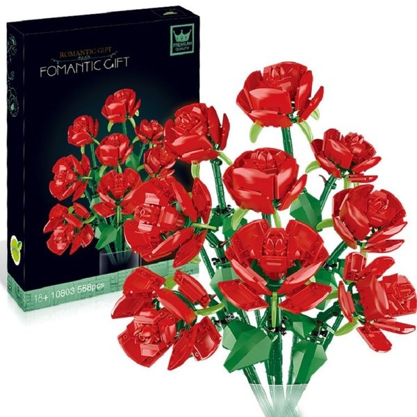 Blocs Moc Romantic Rose Flowers Building Blocage 3D Modèle Plantes Jardins DIY BRIQUES POTTED Kit d'illustration fomantique Girl Gift 10803 230817