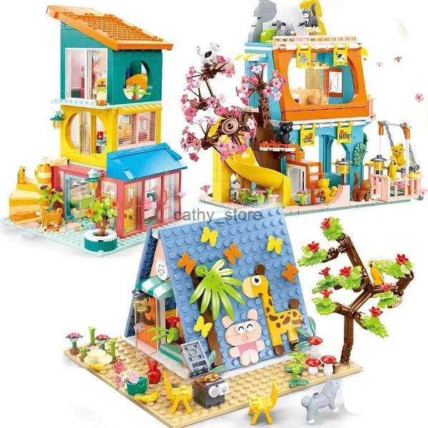 Bloques New Friends City Cat Hotel Sets Girl A-Frame Pet House Apartamento Jardín Villa Sakura Tree Building Blocks DIY MOC Toy Kid GiftL240118