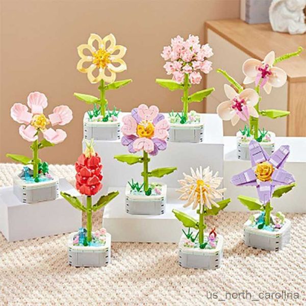 Blocs Plante en pot jouets fleur blocs de construction ensemble œillet fleur de pêcher Bouquet créatif bureau ornement fille cadeau romantique R230905