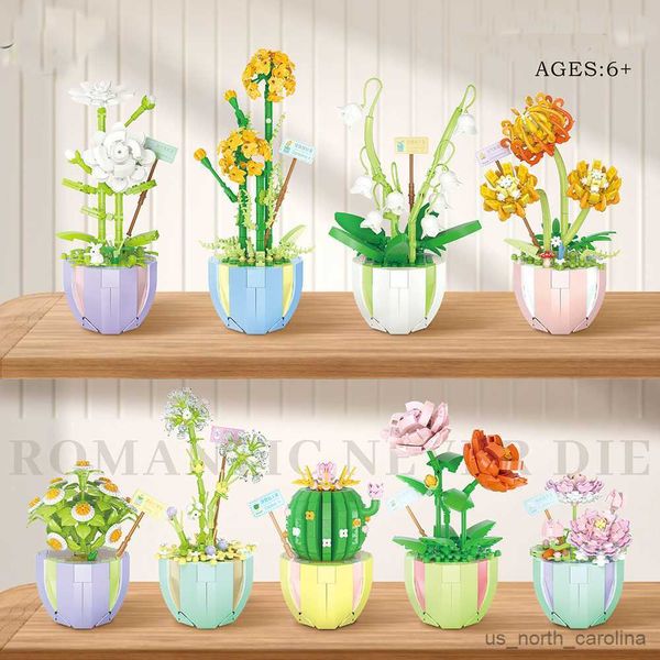 Bloques de flores en maceta, bloques DIY, rosa, Cactus, diente de león, Margarita, construcción de ladrillos, juguete, decoración de escritorio para niñas y niños R230907