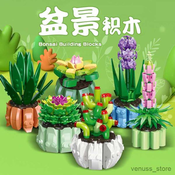 Bloques Plantas en maceta Jacinto Suculentas Cactus Lotus Bonsai Jardines Bloques de construcción románticos Modelo Niños Kits Juguete R230701