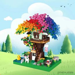 Blocs Arc-en-ciel Sakura arbre maison blocs de construction créatif ville rue vue bâtiment Mini briques modèle enfants bricolage jouet cadeaux de vacances