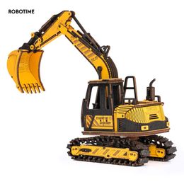 Blokkeert Robotime ROKR Excavator Engineering Voertuig 3D houten puzzel voor kinderen volwassenen bouwset verbeteren Hands on Skills TG508K 230105
