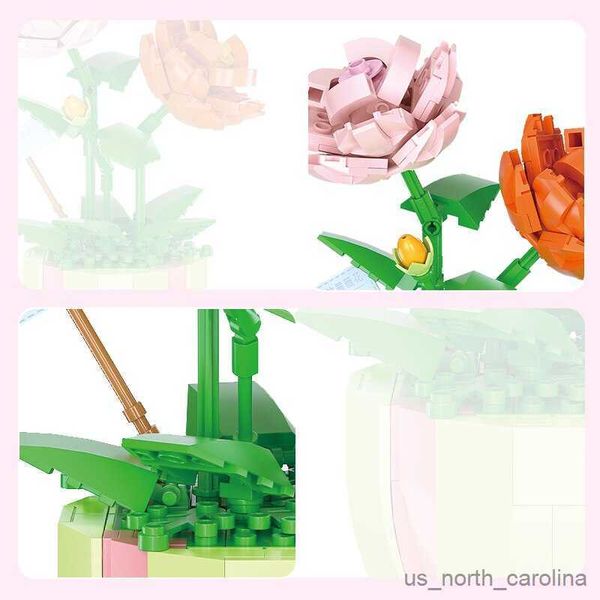 Bloques Flor de rosa Bloque de construcción Ladrillo Ramo eterno Modelo Asamblea Planta de plástico Decoración Juguete educativo para niños Regalo de cumpleaños R230907