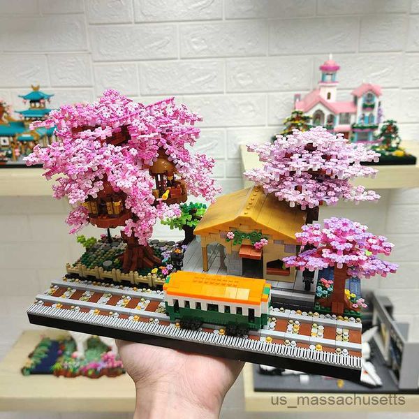 Bloques Sakura House Tree Trains Estación Building Blocks Cheer Flowers City Street View Micro Assemble B Collection Juguetes para adultos R230817