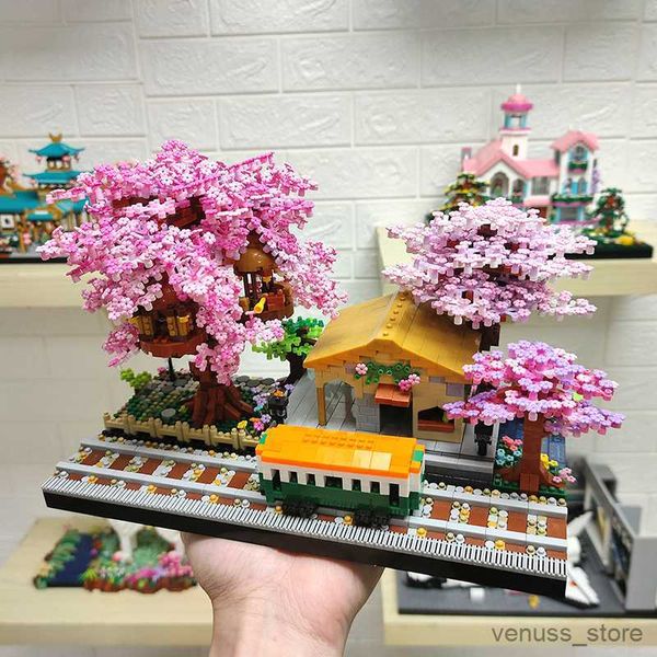 Blocs Sakura House Tree Trains Station Building Blocks Chreey Flowers City Street View Micro Assemble Collection Adult Toy Gift R230701